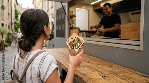 Female tourist holding local street food wrap by a food truck, back view with copy space — travel, outdoor dining and European gastronomy concept