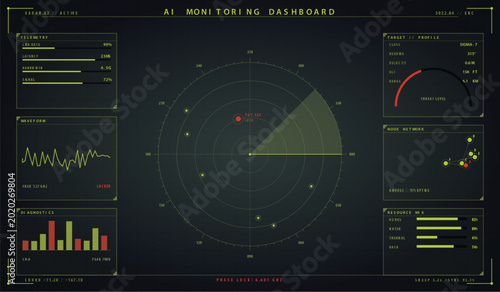 Futuristic ai monitoring dashboard interface with radar and data analytics vector illustration