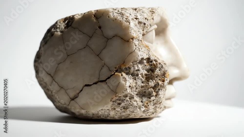 Cinematic rotation of a weathered Roman marble bust fragment showing detailed cracks and ancient decay on a pure white background