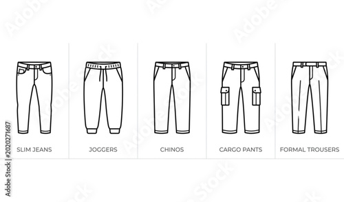 Tableau sur toile Mens pants outline icon collection with jeans joggers and trousers in clean mini