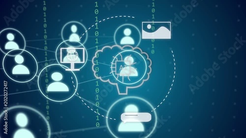 Glowing circle appearing, AI brain forming over avatar, linking avatars and data icons for sharing