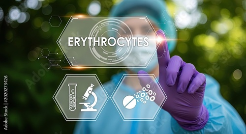 Scientist in protective gear interacting with digital interface displaying erythrocytes, microscope, and medical icons in outdoor setting
