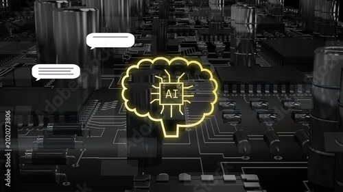 yellow pad pulsing, pcb trace drawing brain, AI lit, left bubbles, right thumbs stacking processing