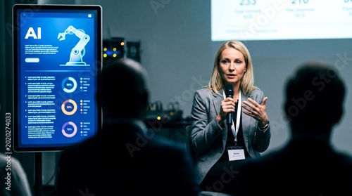Artificial intelligence keynote presentation, professional woman speaker at tech conference, AI robotics data visualization on digital screen