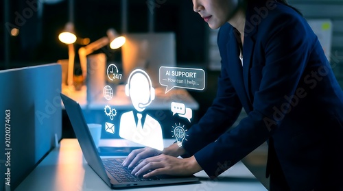 AI support chatbot interface with business woman, customer service automation technology, virtual assistant hologram on laptop in dark office