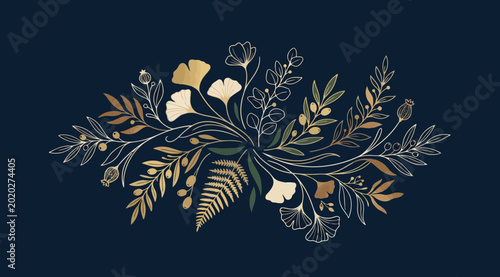 Foto Elegant botanical arrangement with gold and green foliage, ginkgo leaves, fern,