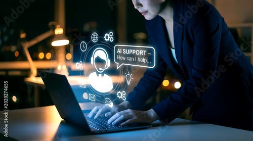 AI Support interface with digital avatar, businesswoman using laptop for customer service, artificial intelligence chatbot technology in office