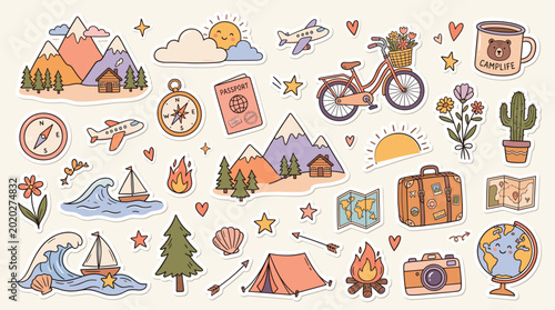 Hand drawn travel stickers set, cute camping adventure icons in pastel colors, outdoor vacation doodle elements vector collection