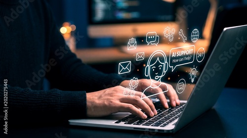 AI Support virtual assistant interface on laptop, customer service chatbot technology, digital help desk automation for business communication