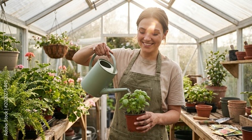 Smiling gardener watering potted plant in greenhouse