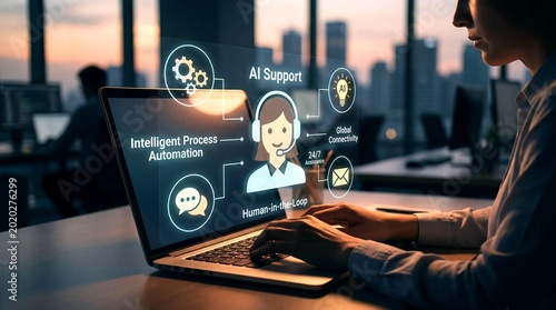 AI Support and Intelligent Process Automation interface on laptop, customer service chatbot hologram, digital assistant for business connectivity