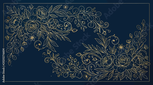 Foto Elegant gold line art floral frame with roses and eucalyptus branches on dark bl