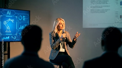 Professional female speaker presenting AI technology, business woman leading artificial intelligence seminar, corporate tech conference keynote