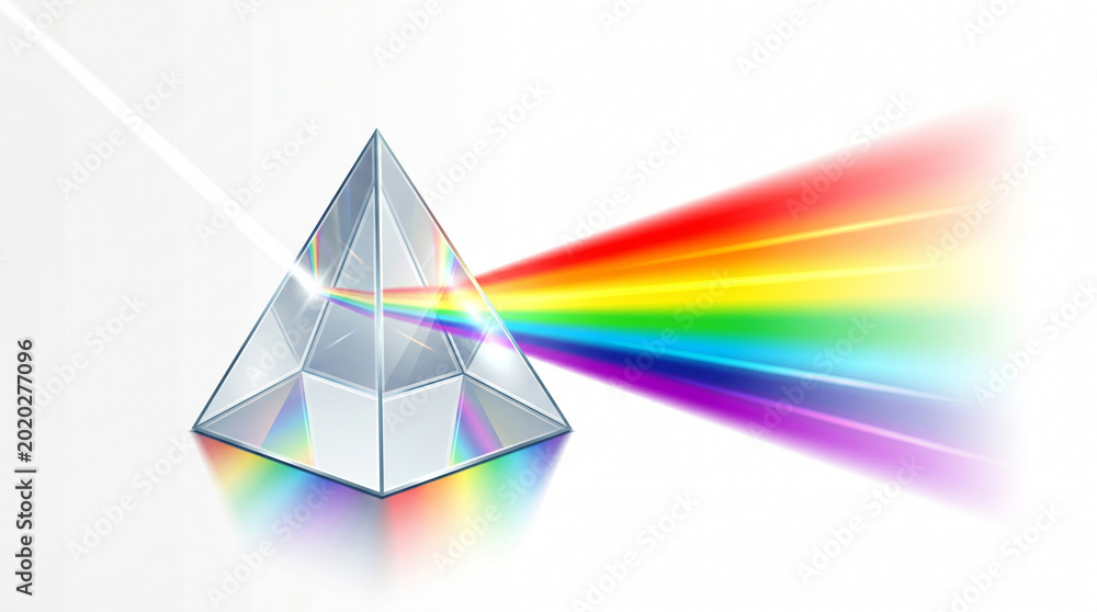 Valokuva Transparent prism refracting light spectrum on reflective surface