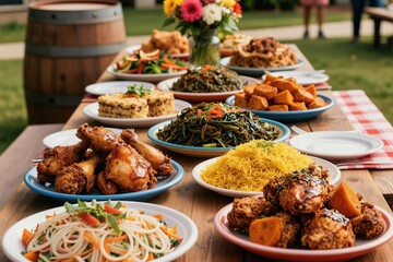 Outdoor table laden with diverse dishes, fried chicken, rice, and greens. A barrel and flowers add festive outdoor dining elements. People gather in background celebrating community and heritage.