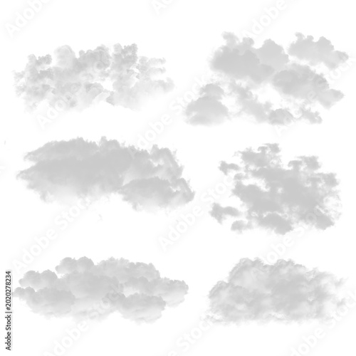 Set of isolated white cloud elements on transparent background, Realistic soft fluffy cloud shapes for graphic design