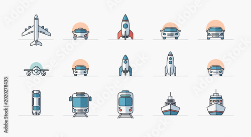 Cuadro en lienzo Vector Icons: Transportation Set - Airplane, Car, Rocket, Train, Ship