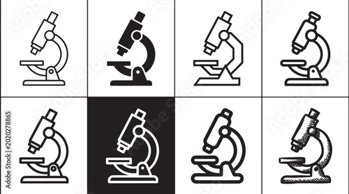 Set of black and white microscope icons featuring different line styles and shapes for scientific research medical laboratory analysis and biology education themes in a simple flat design Vector