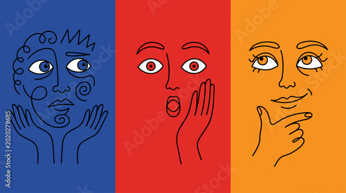 Bild auf Leinwand Abstract continuous line face portraits with expressive female emotions, modern