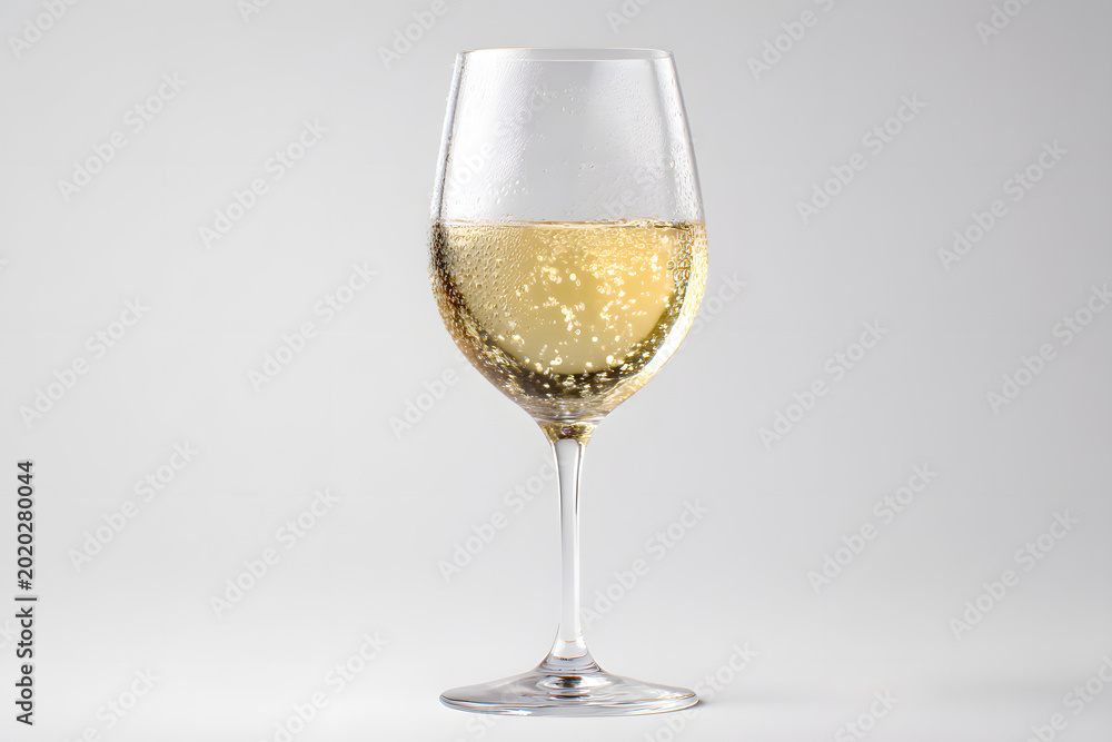 Fototapeta premium Premium Glass of White Wine with Bubbles Captured in Full View on a Minimalist Background