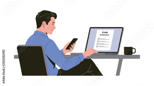 Man in blue shirt using laptop with smartphone and tablet on desk