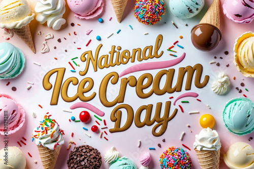 Banner poster card national ice cream day, bright concept refreshing summer dessert AI Generative