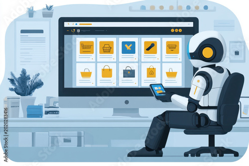 Robot sitting at desk with tablet.