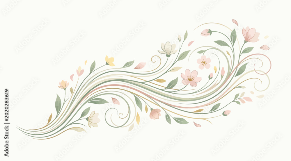 Fototapeta premium Whimsical floral swirl design with delicate pink and white flowers and flowing green foliage