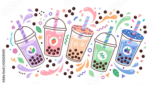 Vibrant and flavorful assortment of bubble tea and boba drinks, showcasing a delightful variety of tastes and toppings in a playful, colorful illustration
