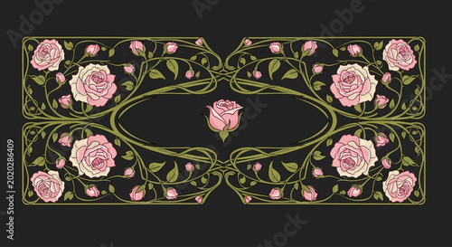 Art Nouveau floral frame with pink roses and swirling vines on a dark background