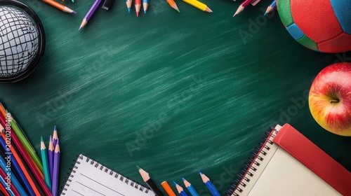 School supplies frame chalkboard. Education theme, back to school, teaching resource