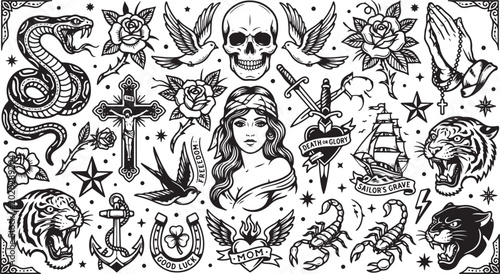 Traditional tattoo flash sheet with diverse imagery