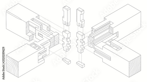 Tableau sur toile Isometric Illustration of Complex Four-Way Wooden Joint with Multiple Interlocki
