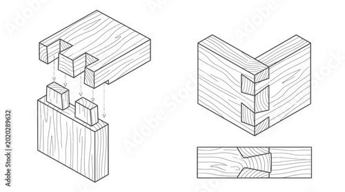 Isometric Illustration of Various Wooden Joints: Bridle, Dovetail, and Scarf Joints, isolated white background