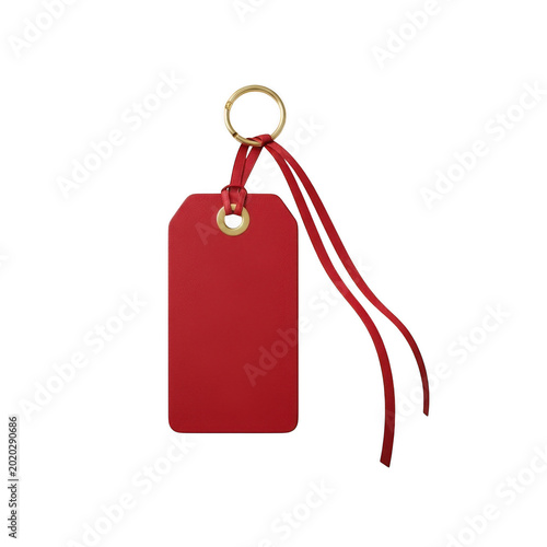 Red gift tag attached to a decorative ribbon with a keyring loop