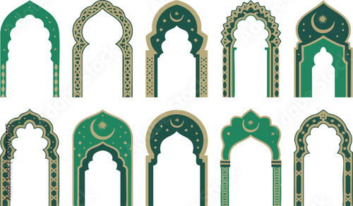 Obraz na płótnie Set of minimalist islamic arches and windows with traditional star and crescent
