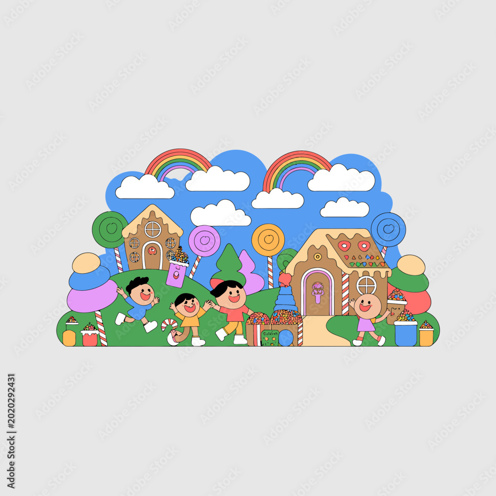 Fototapeta premium Whimsical candy land landscape with gingerbread houses and children playing under rainbows