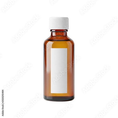 Bottle of amber essential oil with white cap and dropper top