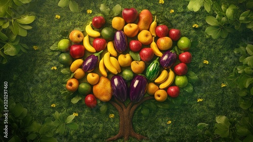Fruit tree shaped arrangement on moss background, for food concept, design, or advertisement