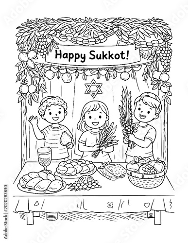 Jewish holiday Sukkot coloring book page, family building traditional sukkah booth