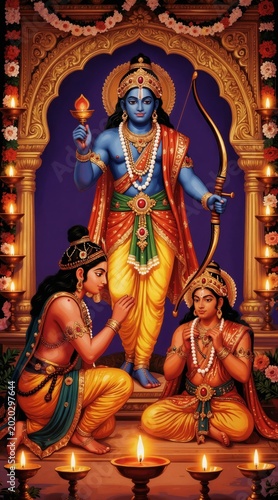 Lord Rama with bow and arrow stands beside Sita and Lakshmana. Figures are adorned in traditional Indian attire. Many diyas light the scene in golden temple archway setting.