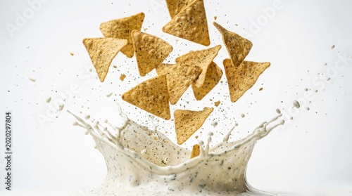Tortilla chips falling and splashing into white creamy dip