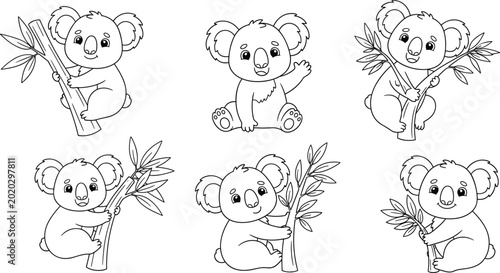 Canvas Print Adorable Koala Bear Line Art Illustration Collection Featuring Happy Cartoon Cha