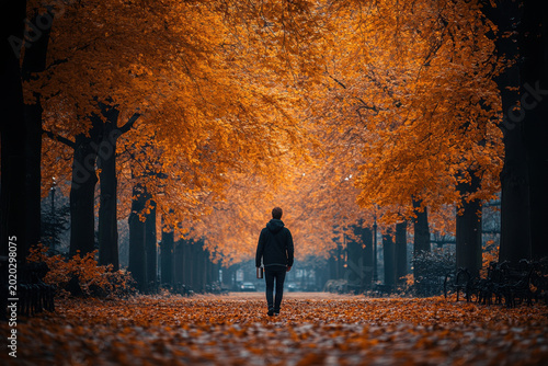 Person walking down path in park with autumn leaves.