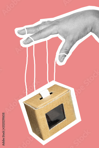 Schilderij op canvas A hand manipulating a ballot box like a puppet against a pink background, a conc