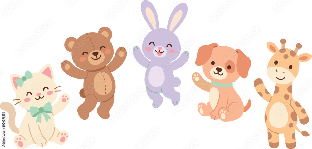 Obraz premium Cute Baby Animal Plush Toy Illustration Collection Featuring Happy White Cat Brown Teddy Bear Purple Bunny Puppy Dog and Giraffe for Nursery Room Stickers