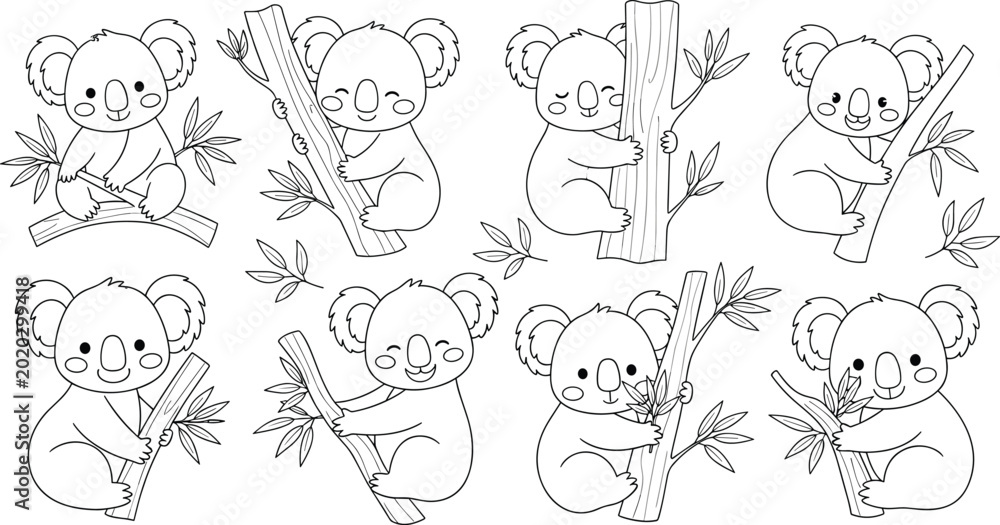 Fototapeta premium Cute Koala Bear Coloring Page Vector Set Featuring Outline Cartoon Characters Climbing Eucalyptus Trees and Eating Leaves for Kids Activity Books