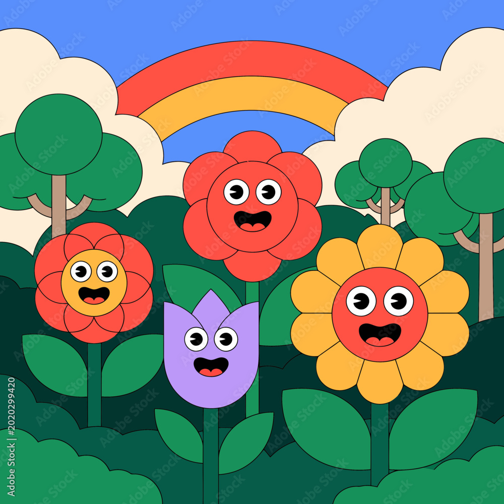 Fototapeta premium Whimsical cartoon landscape featuring happy talking flowers and a colorful rainbow
