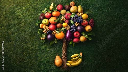 Colorful fruit tree art on green grass, healthy eating, vibrant display