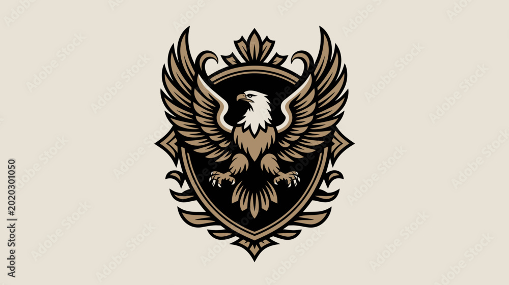 Obraz premium Bold eagle crest with wings and shield design in black and white vector style